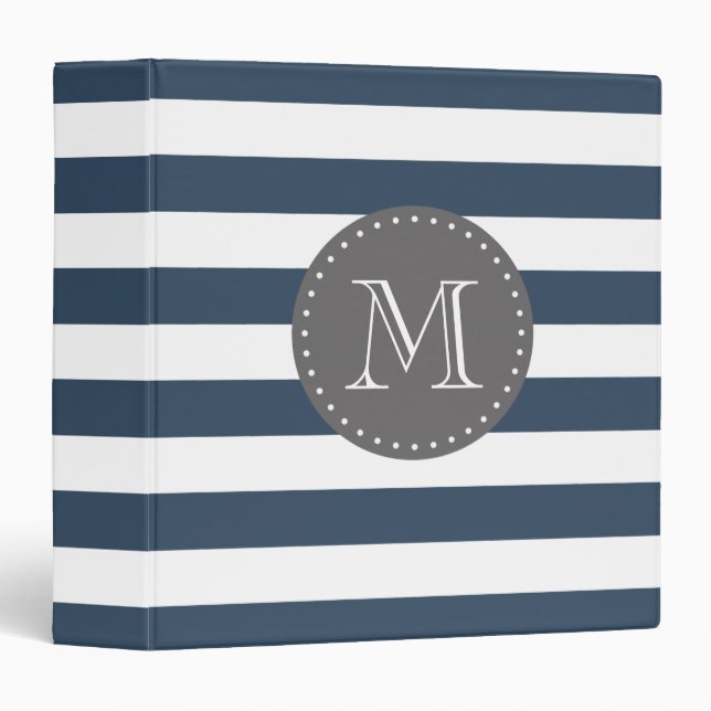 Classeur Bleu et Gris de la marine Monogramme personnalisé (Devant/Côté)