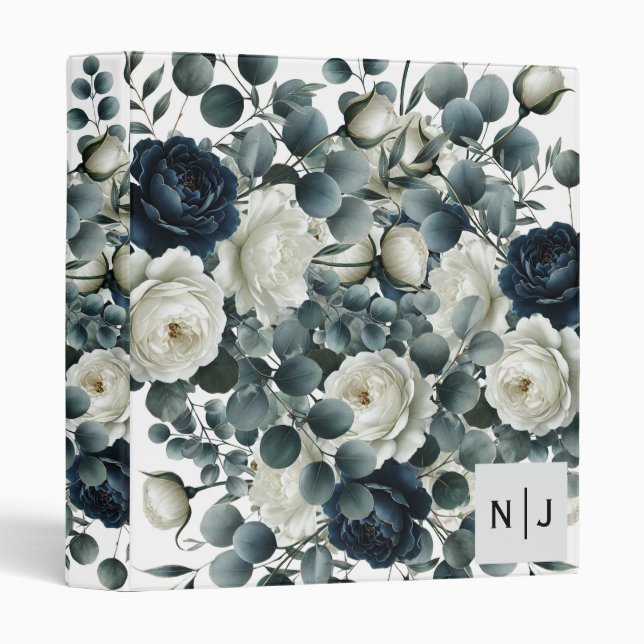 Classeur Bleu foncé et blanc Moderne Floral Mariage (Devant/Côté)