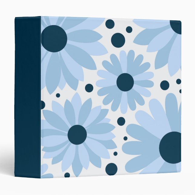 Classeur Bleu marguerite de style rétro et points bleu fonc (Devant/Côté)