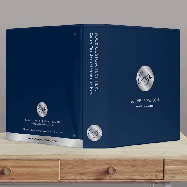 Classeur Bleu marine et logo argenté Promotion des affaires (Navy blue and silver branded ring binder with your logo and contact details)