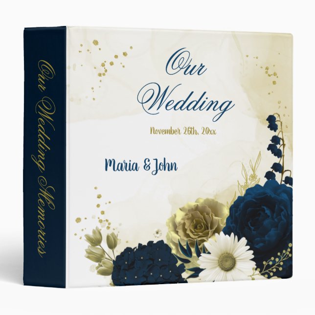 Classeur bleu marine ivoire or fleurs mariage album photo (Devant/Côté)