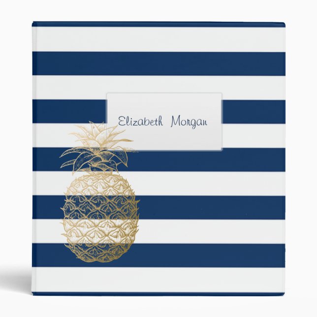 Classeur Bleu marine rayé, Ananas doré Tropical (Devant)