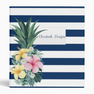 Classeur Bleu marine rayé, fleurs tropicales d'ananas