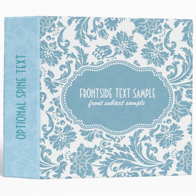Classeur Bleu pastel et blanc Damas florales (Devant/Côté)