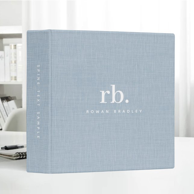 Classeur Bleu pur lin beige Tissu Texture Monogramme (Créateur téléchargé)