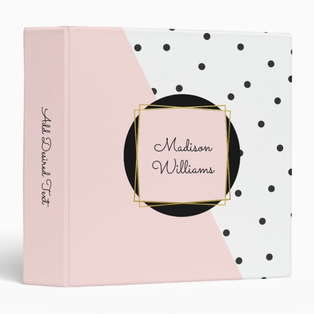 Classeur Bloc de couleur rose personnalisé et Pois (Devant/Côté)
