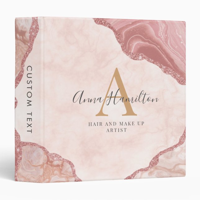 Classeur Blush Crème Chic Rose Géode d'Agate Monogramme (Devant/Côté)