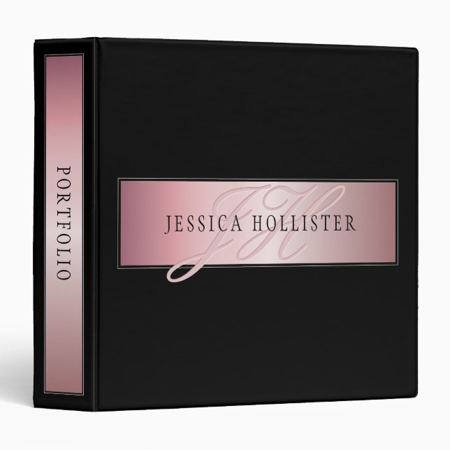 Classeur Blush Élégant Faux Or Rose | Nom & Initiales (Devant/Côté)