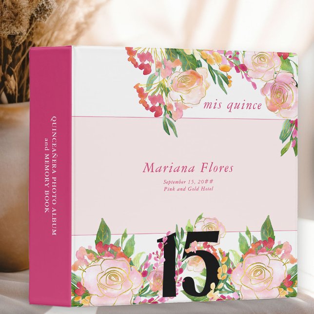Classeur Blush rose et or Floral Mis Quince Album (15th Birthday keepsake album from my Floral Chic Quinceanera Collection
)