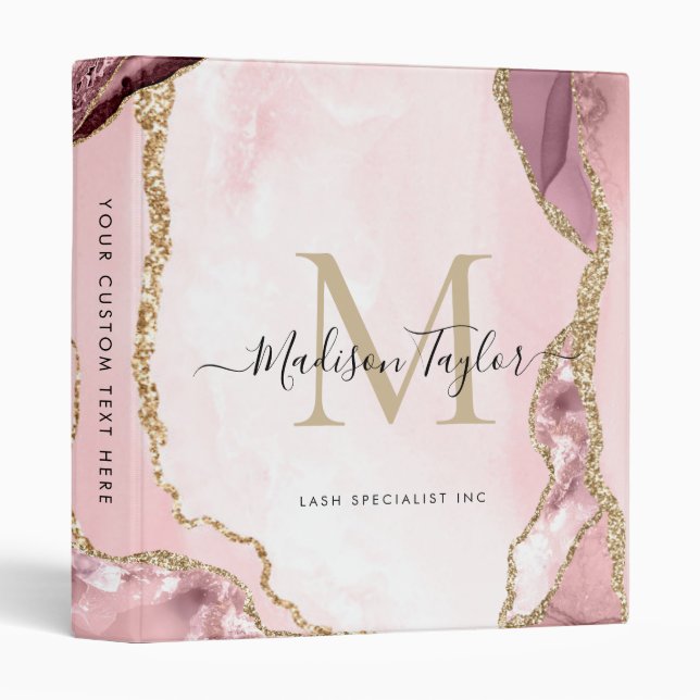 Classeur Blush Rose Gold Agate Géode Monogramme Nom Script (Devant/Côté)