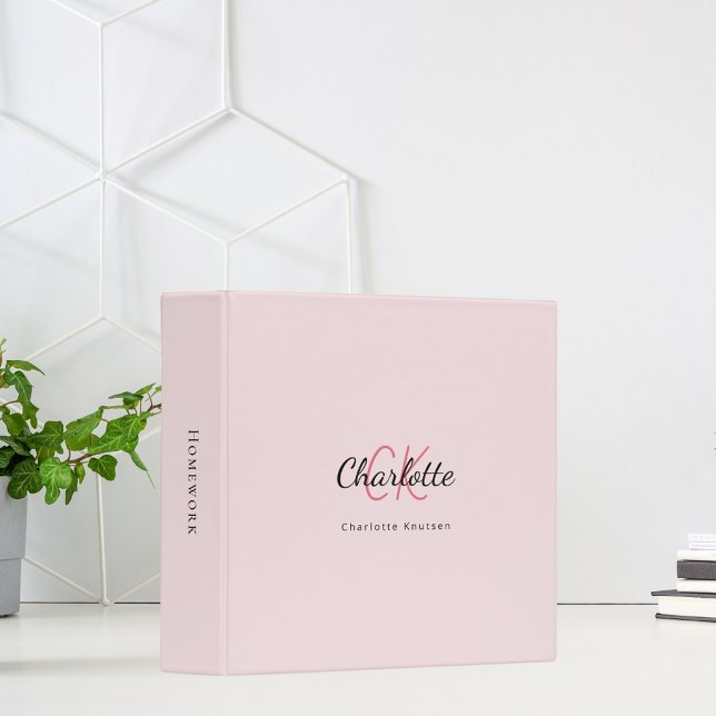 Classeur Blush rose monogramme initiales nom (Créateur téléchargé)