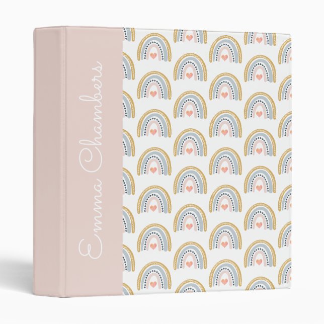Classeur Boho bleu rose moutarde arc-en-ciel personnalisé (Devant/Côté)