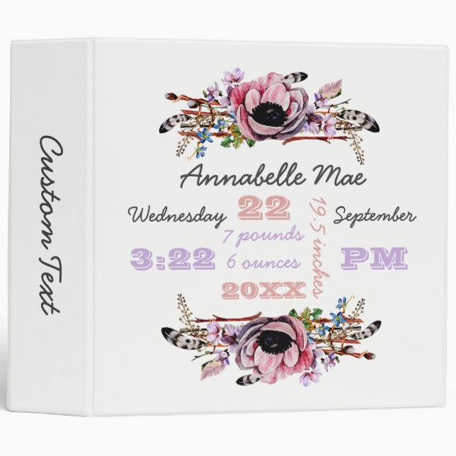 Classeur Boho Chic Floral Birth Statistiques Baby Girl Scra (Devant/Côté)