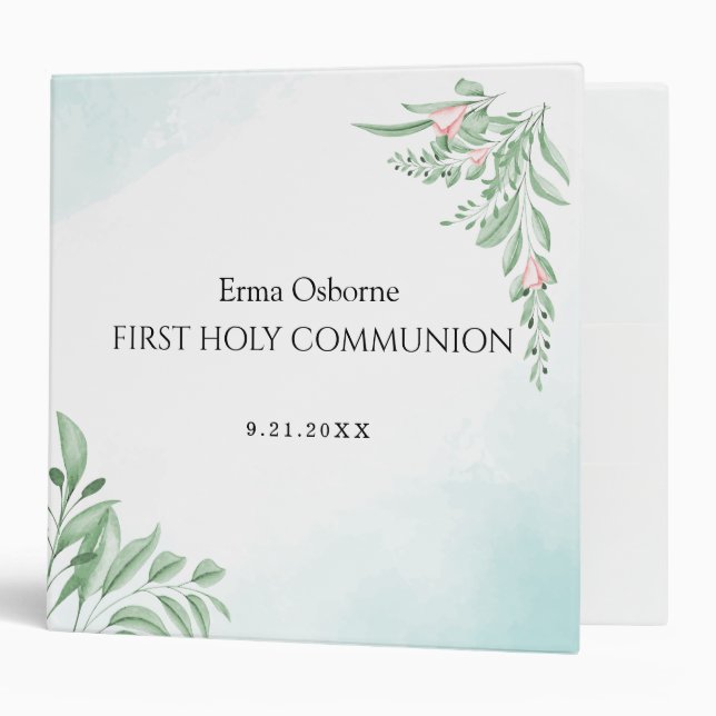 Classeur Boho Dusty Aquarelle Bleue Première Communion Sain (Devant/intérieur)