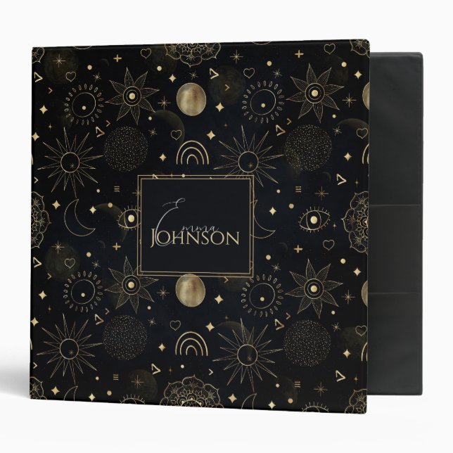 Classeur Boho Gold Space doodles Black Design (Devant/intérieur)