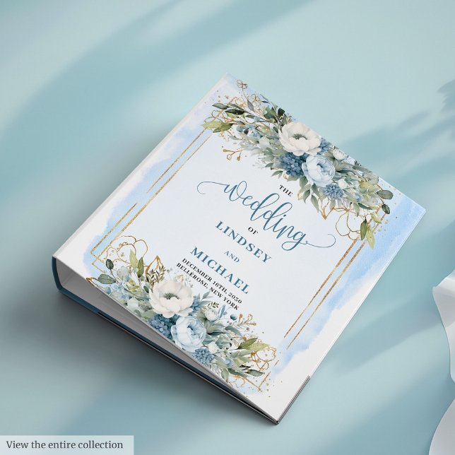 Classeur Boho moderne Fleurs Bleues Douces Mariage Parties  (Modern Blue Flowers Gold Glitter Wedding Ring Binder

)