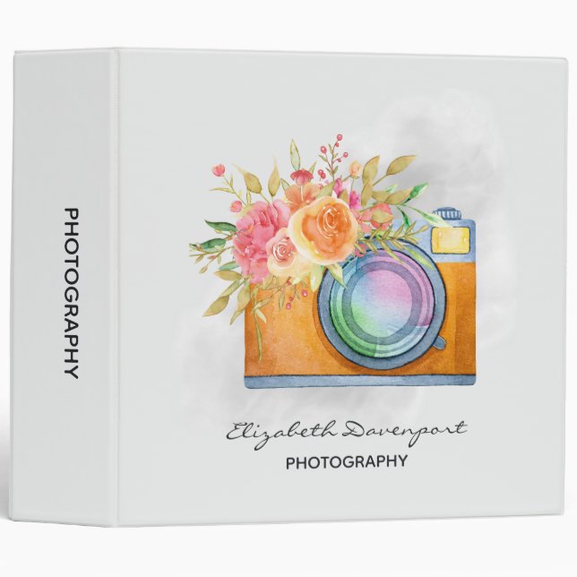 Classeur Boho Orange Caméra & Bouquet Floral Aquarelle (Devant/Côté)