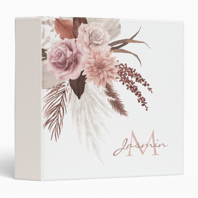 Classeur Boho Pampas Rose Grass Fleurs séchées Monogramme (Devant/Côté)
