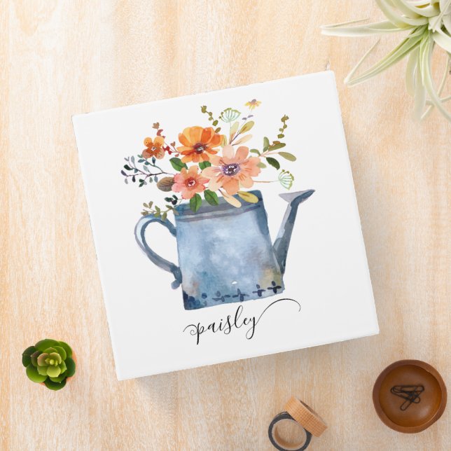 Classeur Boho Rust Orange Aquarelle Fleurs Arrosage Can (In Situ)