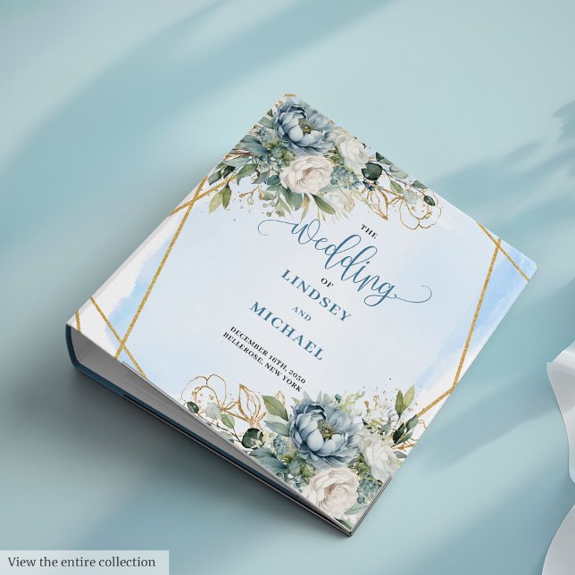 Classeur Boho Rustique Dusty Blue Flowers Gold Frame Mariag (Rustic Dusty Blue Flowers Gold Frame Wedding Organizer)