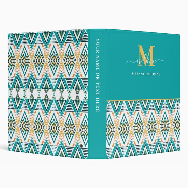 Classeur Boho Turquoise Tribal Diamond Monogramme (Arrière-plan)