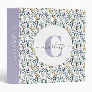 Classeur Boho Watercolor Fleurs sauvages Motif Nom du monog