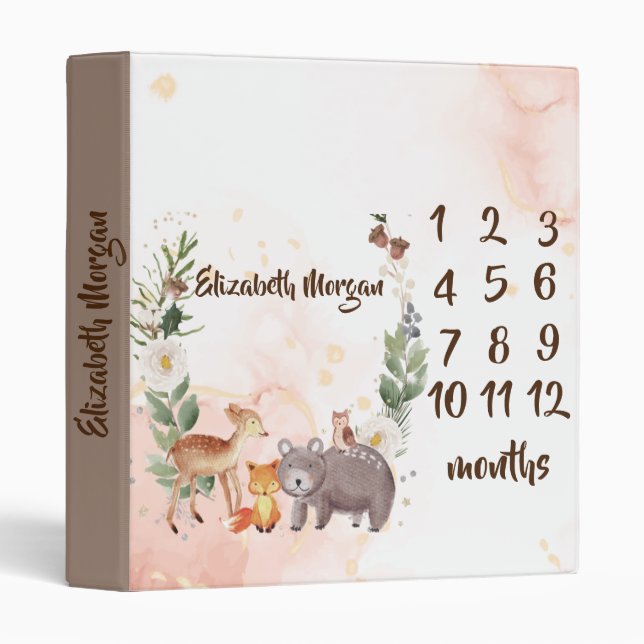 Classeur Bois Animaux Bébé Fille Mois Jalon (Devant/Côté)