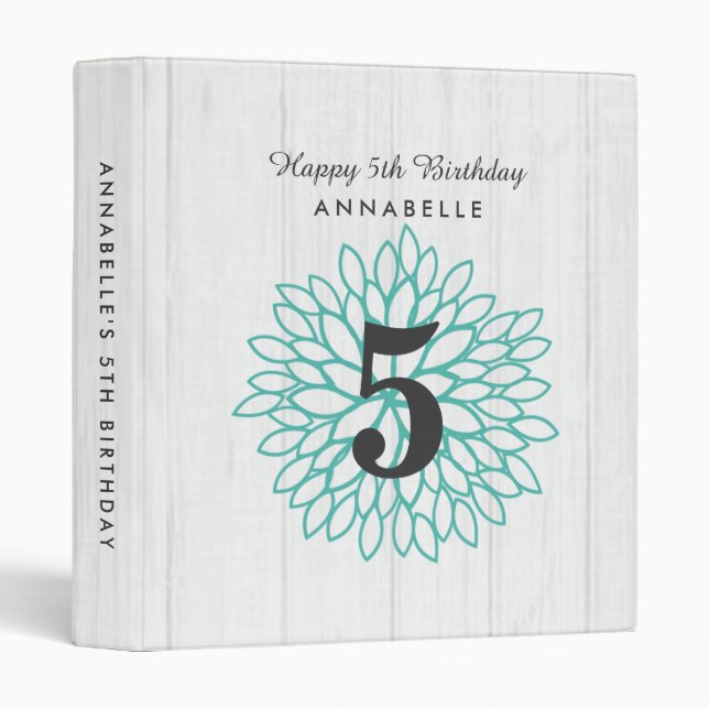 Classeur Bois blanc et Turquoise Floral Joyeux album d'anni (Devant/Côté)
