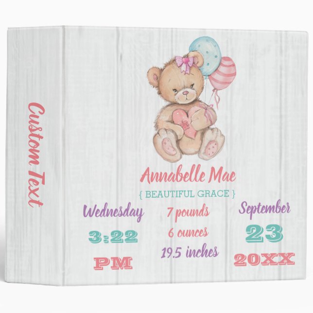 Classeur Bois blanc & Teddy Bear Baby Girl Scrapbook (Devant/Côté)