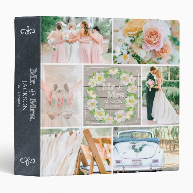 CLASSEUR BOIS PERSONNALISÉ FLORAL 2 MARIAGE PHOTO COLLAGE (Devant/Côté)