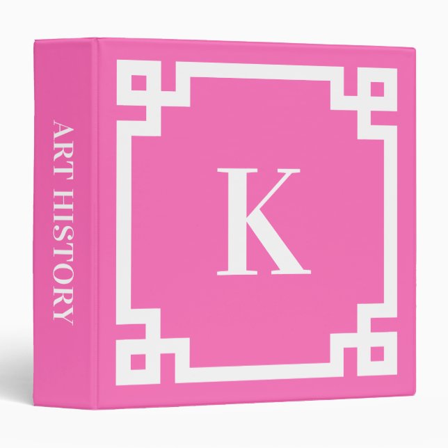 Classeur Bordure clé grecque rose et blanc chaud Monogramme (Devant/Côté)