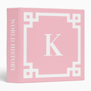 Classeur Bordure clé grecque rose et blanc Monogramme