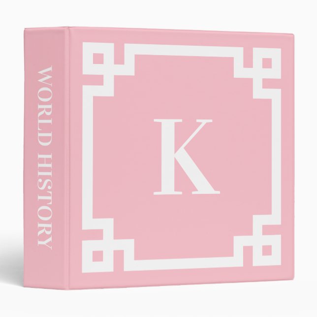 Classeur Bordure clé grecque rose et blanc Monogramme (Devant/Côté)