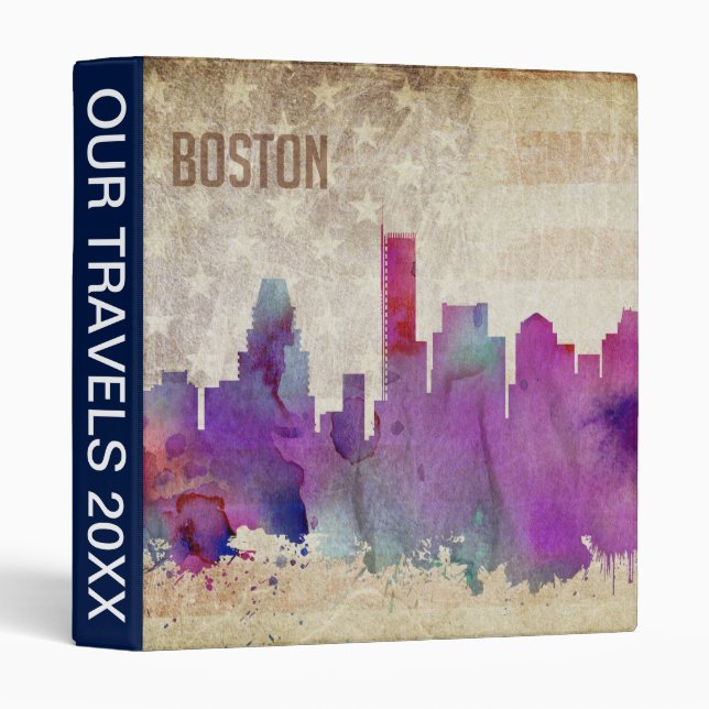 Classeur Boston, horizon de ville d'aquarelle de mA | (Devant/Côté)