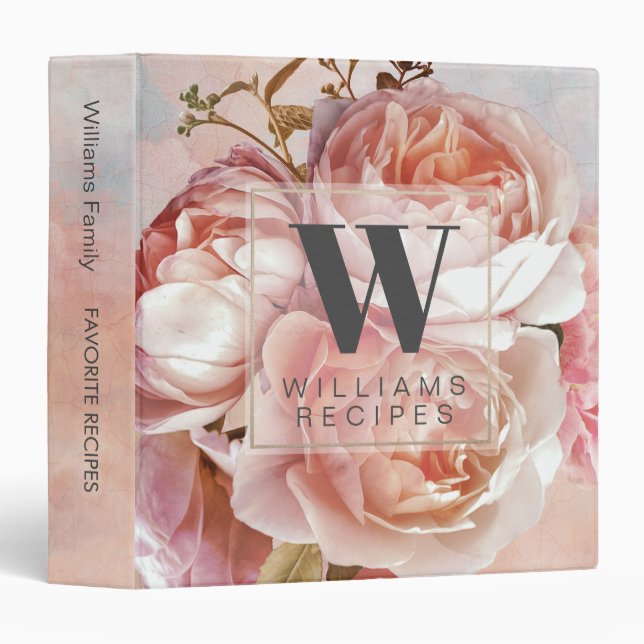 Classeur Botanique Floral Peony Monogramme Nom Recette Livr (Devant/Côté)