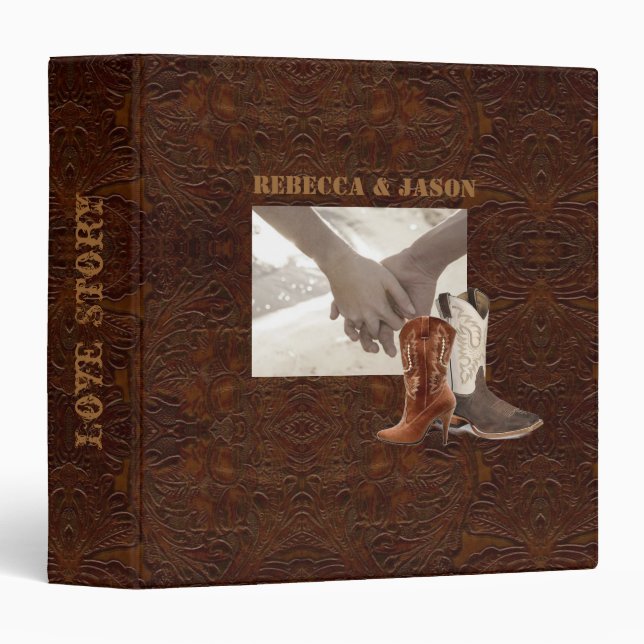 Classeur bottes de cowboy en cuir à outils mariage campagna (Devant/Côté)