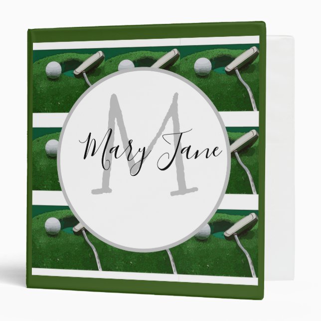 Classeur Boule de golf et putter sur herbe verte Monogramme (Devant/Intérieur)