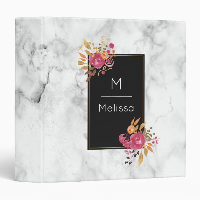 Classeur Bouquet de coin rose floral sur cadre noir Monogra (Devant/Côté)