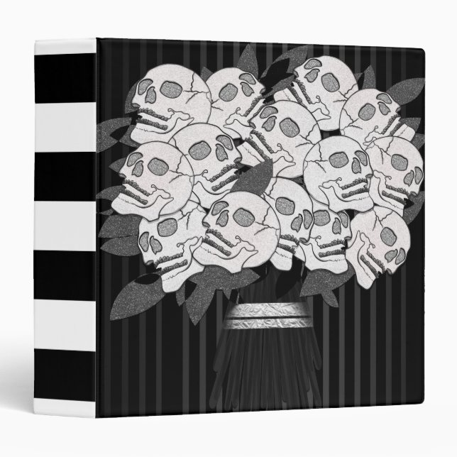 Classeur Bouquet de crâne Rose noir & blanc gothique (Devant/Côté)