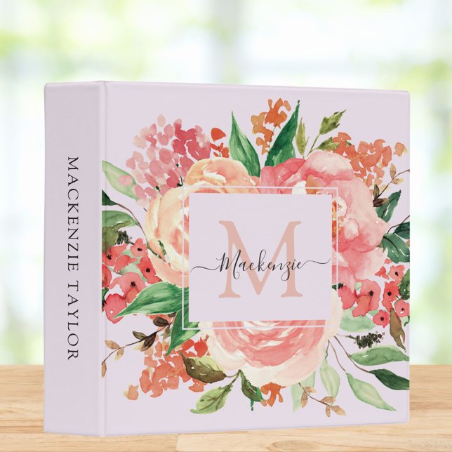 Classeur Bouquet de fleurs rose blush à monogramme (In situ)