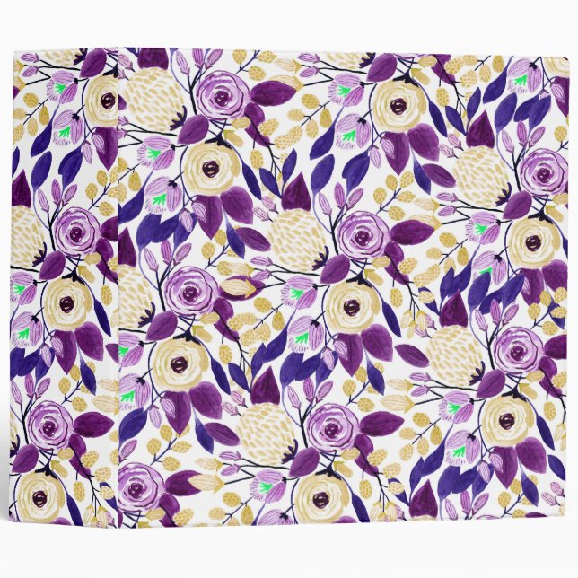 Classeur Bouquet floral violet jaune Aquarelle (Devant/Côté)