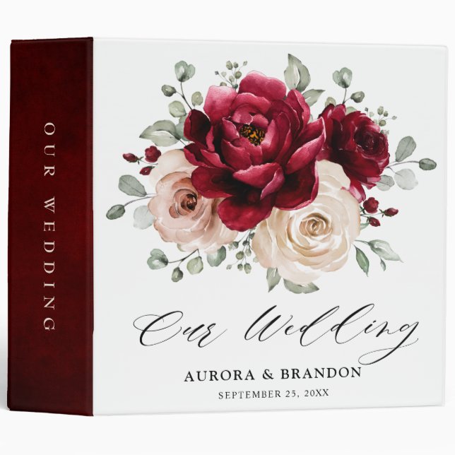 Classeur Bourgogne Champagne Ivory Mauve Rose Floral Mariag (Devant/Côté)
