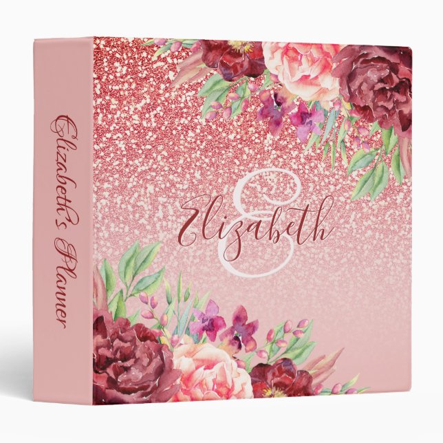 Classeur Bourgogne Floral Rose Gold Parties scintillant per (Devant/Côté)