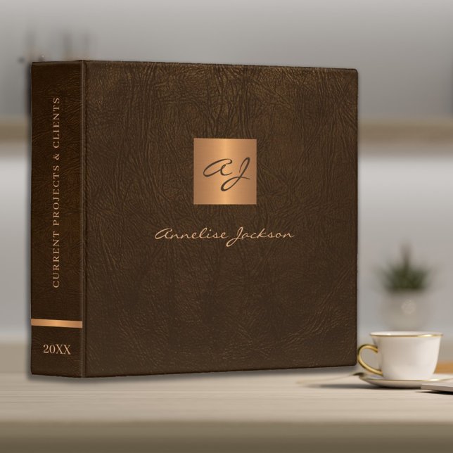 Classeur Brown cuir or monogramme classe élégant (Créateur téléchargé)