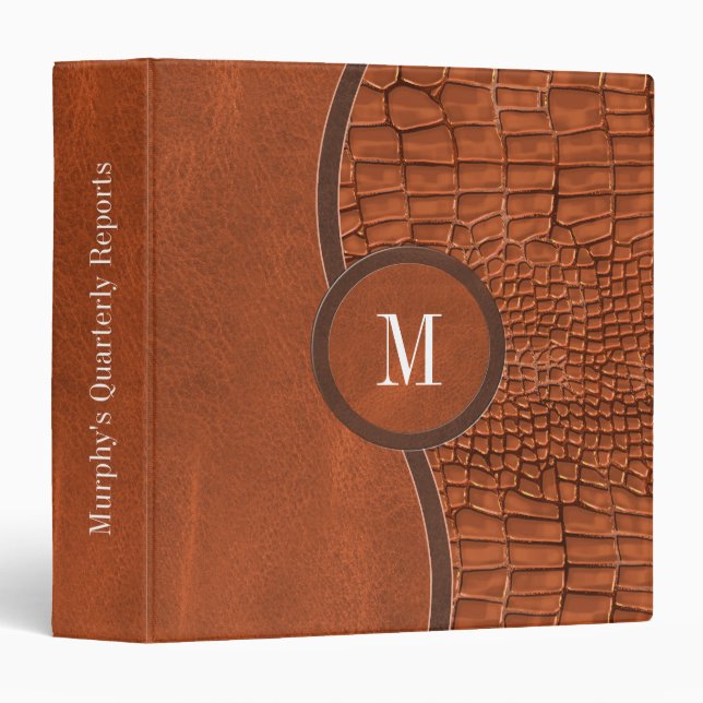 Classeur Brown Faux Alligator Cuir Peau Monogramme de luxe (Devant/Côté)