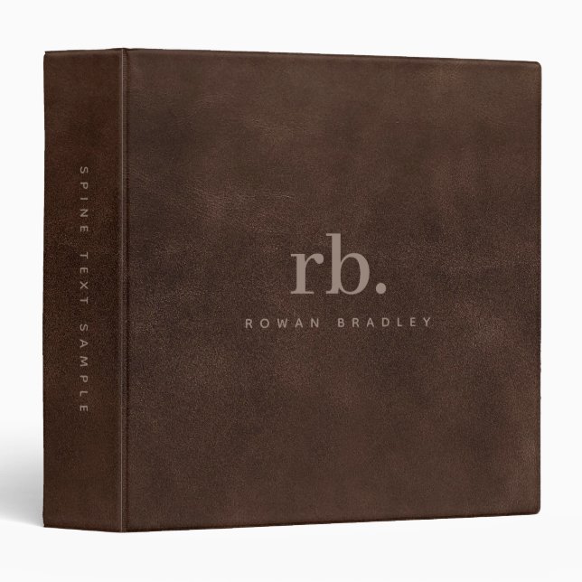 Classeur Brown Leather Texture Minimalist Custom Monogram (Devant/Côté)