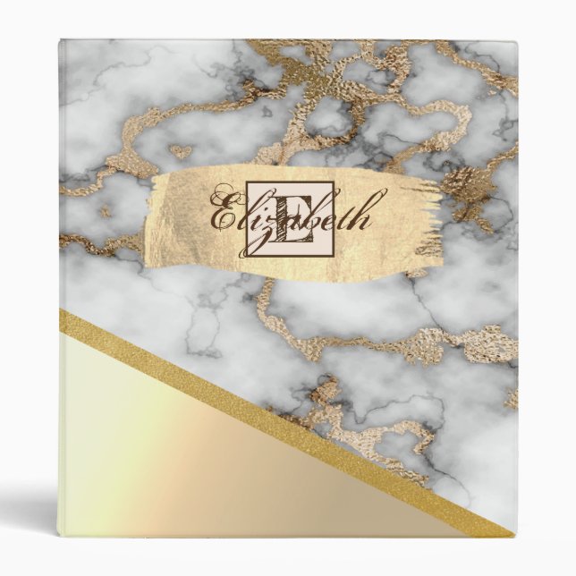 Classeur Brush or, Marbre d'or blanc, Monogramme (Devant)