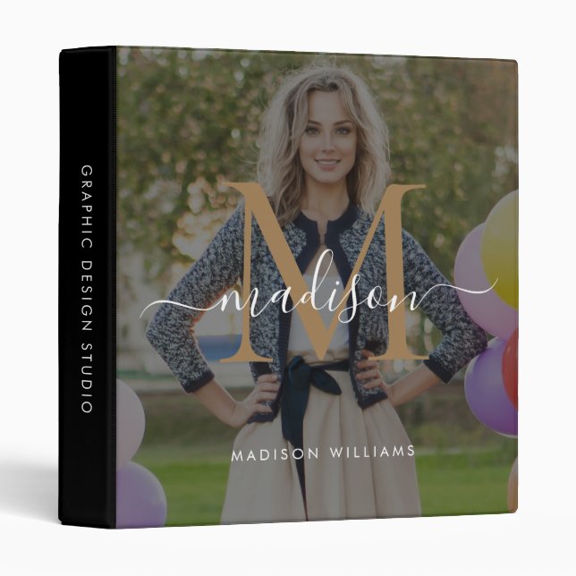 Classeur Bureau script monogramme noir or photo scolaire 3  (Devant/Côté)