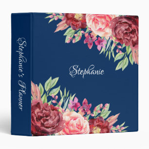 Classeur Burgundy Blush Floral Nom personnalisé Marine Bleu