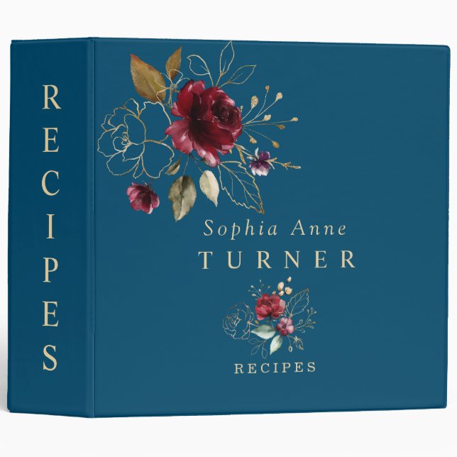 Classeur Burgundy Blush Gold Floral Navy Monogrammes Recett (Devant/Côté)